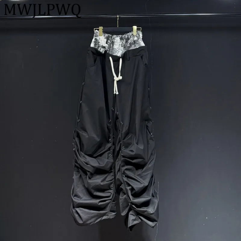 

MWJLPWQ Heavy-Duty Pleated Design Loose Casual Pants Men's High Street Black Drawstring Irregular Spring Wide-Leg Trousers 12924