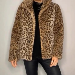 Faux Fur Coats Women Mid Length Coat Jackets Warm Thick Leopard Print Turn Down Collar Elegant Spring Open Stitch Outerwear