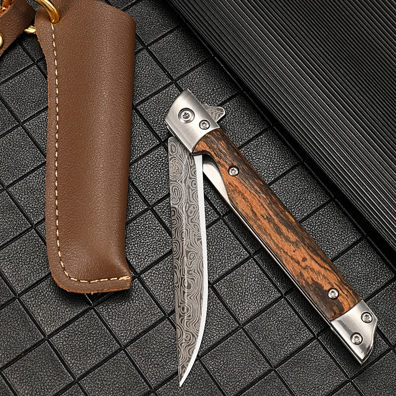 Damascus Pattern Folding Knife Multi-Purpose Outdoor Camping Quick Open Pocket Knife Stainless Steel Folding Knife