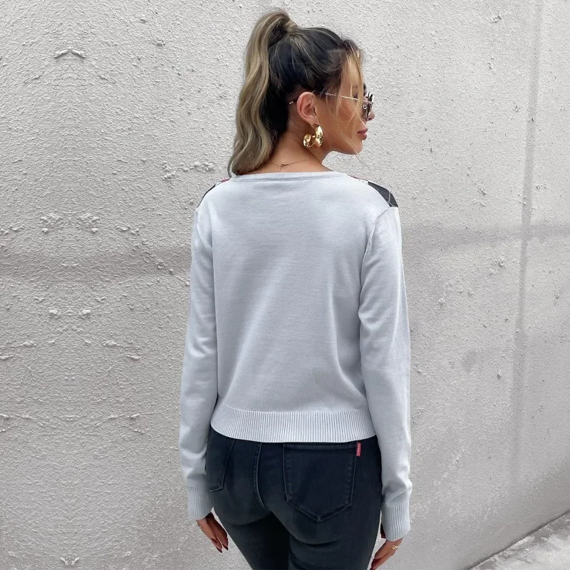 Spring Autumn Women V-Neck Single Breasted Cardigans Fashion Casual Plaid  Short Tops 3 Colors Argyle Jacquard Knitted Sweaters