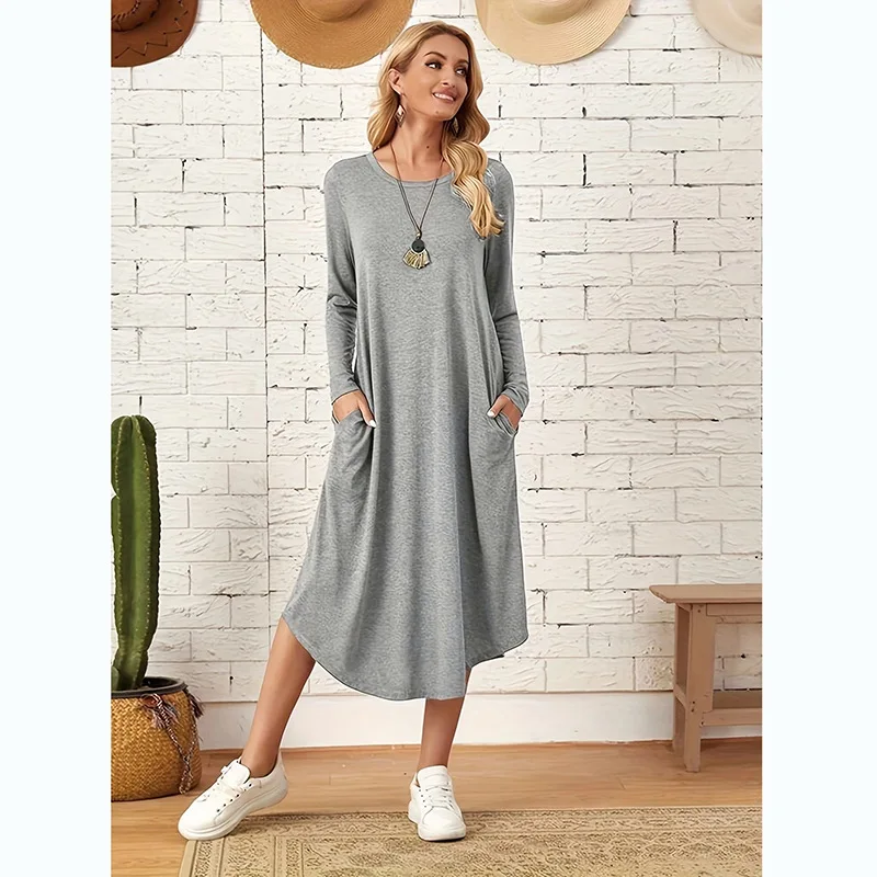 Spring and Autumn New Solid Color Casual Long sleeved Round Neck Dress for Women's Fashion Elegance Loose Pocket Retro Long Dres