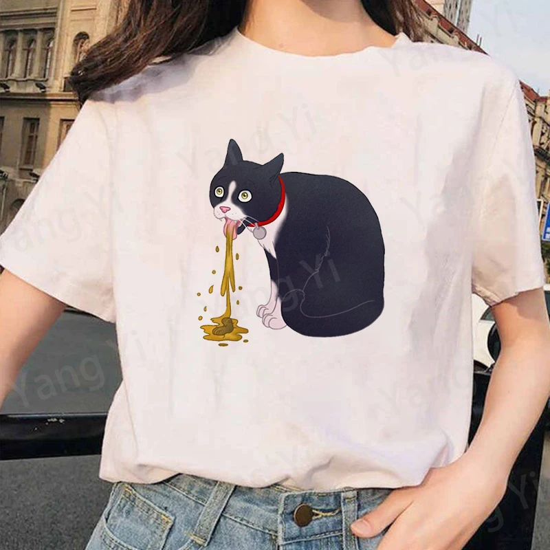 

Cartoon Vomit Black and White Cat Pattern Printed T-shirts Men Women Boy Girl Unisex Casual Loose Round Neck Creative Tee Shirts