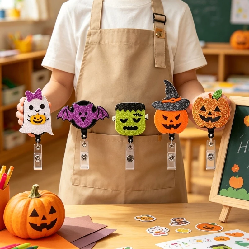  5Pcs Retractable Halloween Badge Card Holder Pumpkin Bat with Elastic Cord