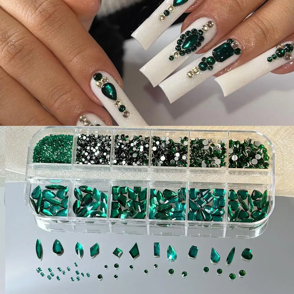 12グリッド3Dサファイアブルーガラスネイルアートラインストーンミックスシェイプフラットバックダイヤモンドネイルデコレーションスパークリングマニキュアジェムストーン