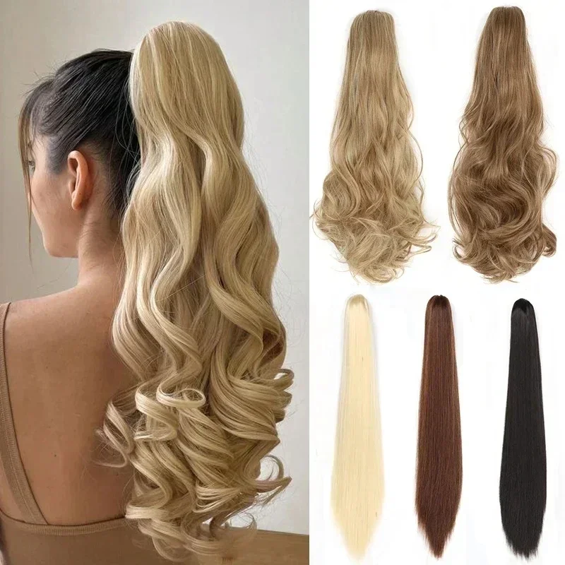 24\'\' Wave Claw Clip on Ponytail Long Hairpiece Ponytail Extension Blonde Synthetic Fake Hair Horse Tail for Women Heat Resistant