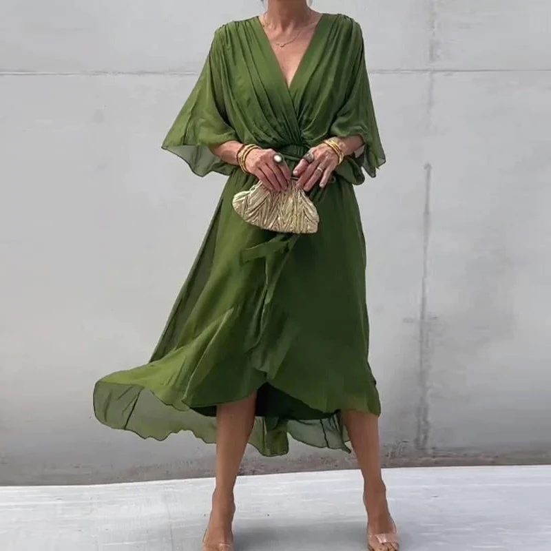 

Spring V Neck Loose Long Irregular Dress Women Sexy Lace-up Pleated Bohemian Dress Summer Batwing Sleeve Solid A-Line Maxi Dress