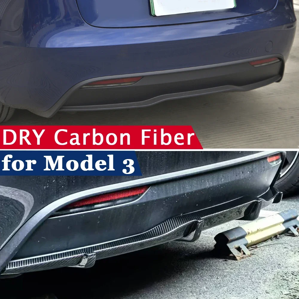 Dry Carbon Fiber Cover for Tesla Model 3 2023 2024 Rear Bumper Lip Rear Bumper Diffuser Body Kits Exterior Parts Sticker Type