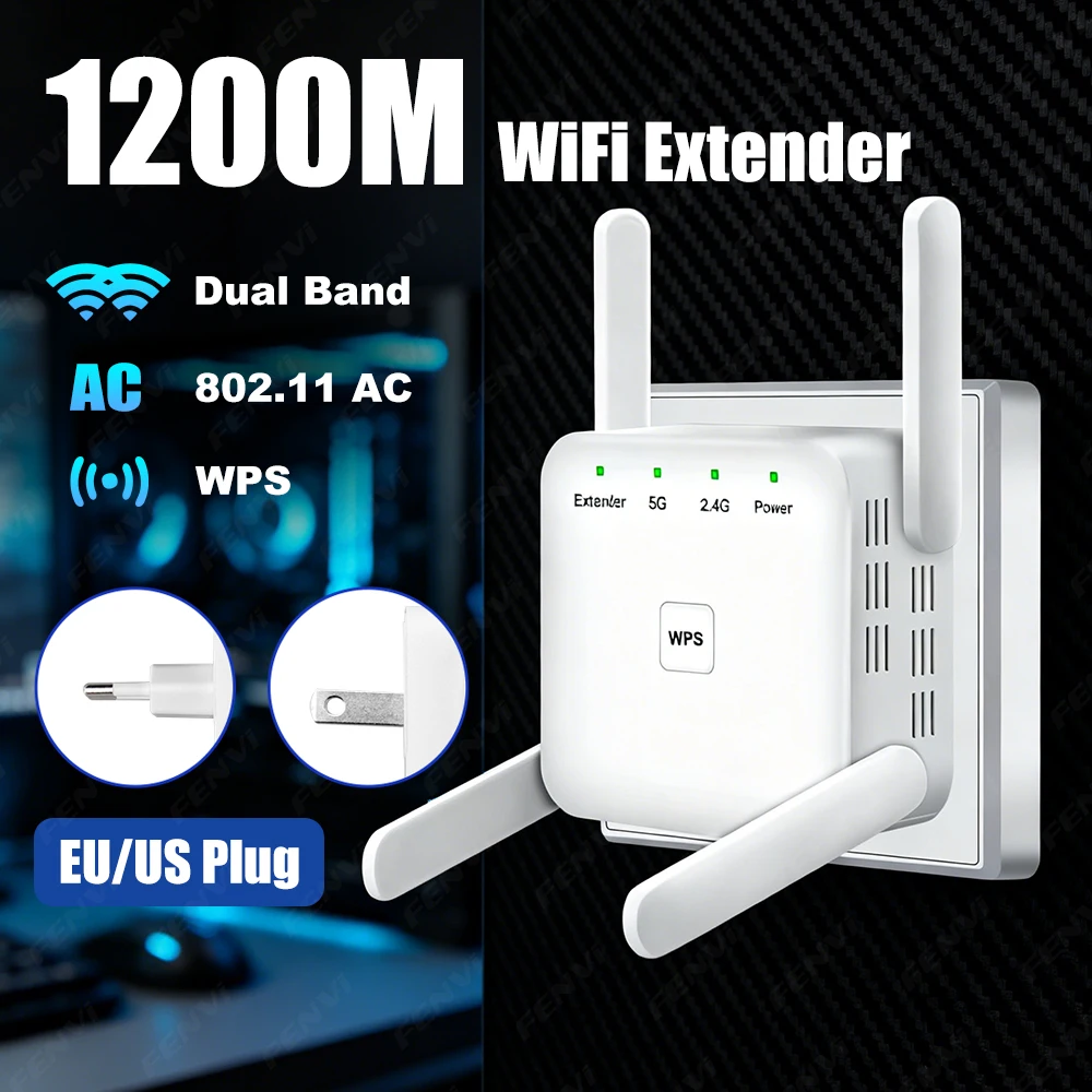 AC1200 WiFi Repeater Dual Band 2.4G/5GHz Wireless Range Extender Signal Booster 1200Mbps with WPS EU/US Plug for Home Router