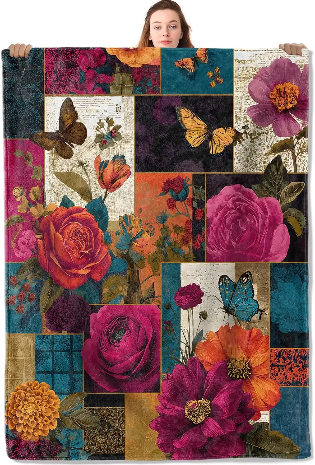 

Винтажное фланелевое одеяло с цветочным принтом в стиле ретро, роза, пион и бабочка, теплые легкие пледы для дивана, пикника, путешествий и