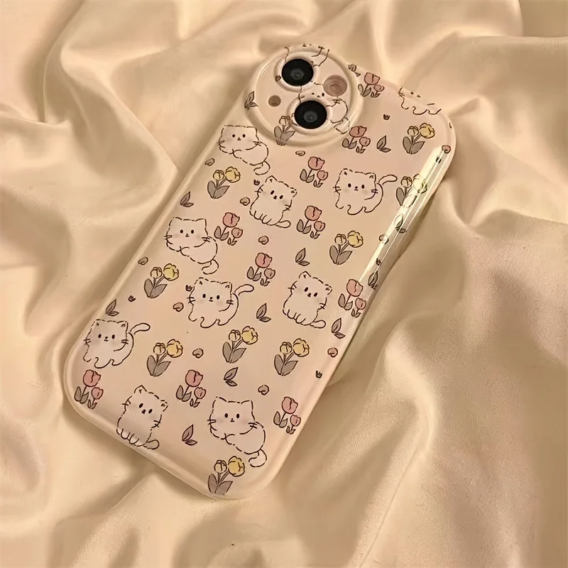 Coque de téléphone chat fleur mignon avec support, coque en silicone pour iPhone 14 Plus 7 8 X XS Poly 11 12 13 Pro Max