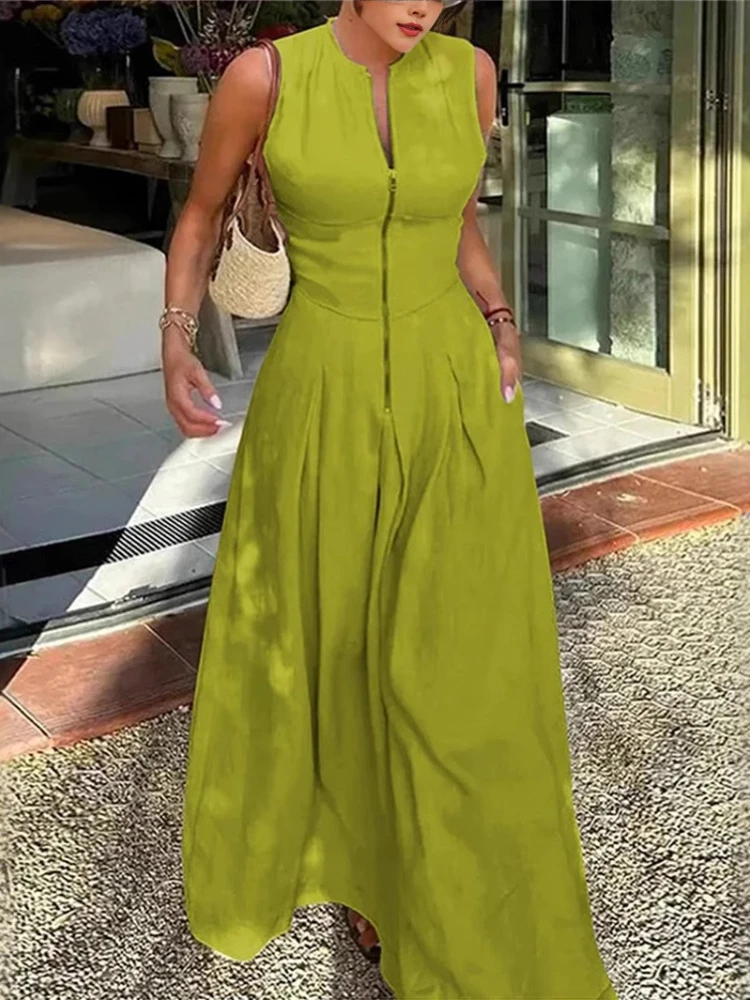 

Summer New Office Ladies Party Robes Fashion Sleeveless Solid High Waist Zipper Maxi Dress Women Elegant O Neck Loose Dresses