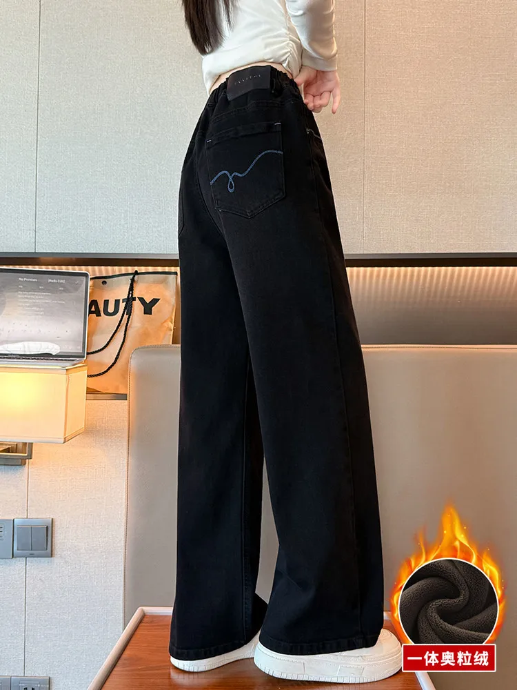 여아용 플리스 안감 데님 와이드 레그 팬츠 스타일리시한 겨울 바지 큰 아이들을 위한 내구성 있고 편안한 움직임