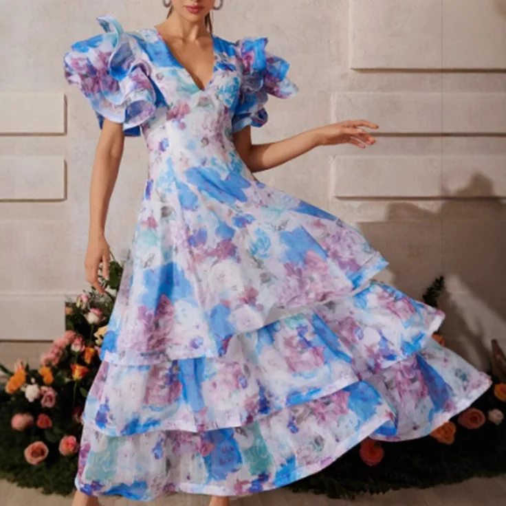 2025 جديد Ladylike الثقيلة العمل الخامس الرقبة ثوب مسائي كعكة تنورة تصميم مطبوعة تكدرت كم فستان طويل #4