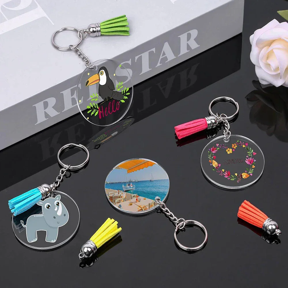 40PCS Acrylic Clear Circle Discs Keychain Set with Leather Tassel Pendant Jump Rings for Vinyl Kit DIY Keychain Vinyl Crafting