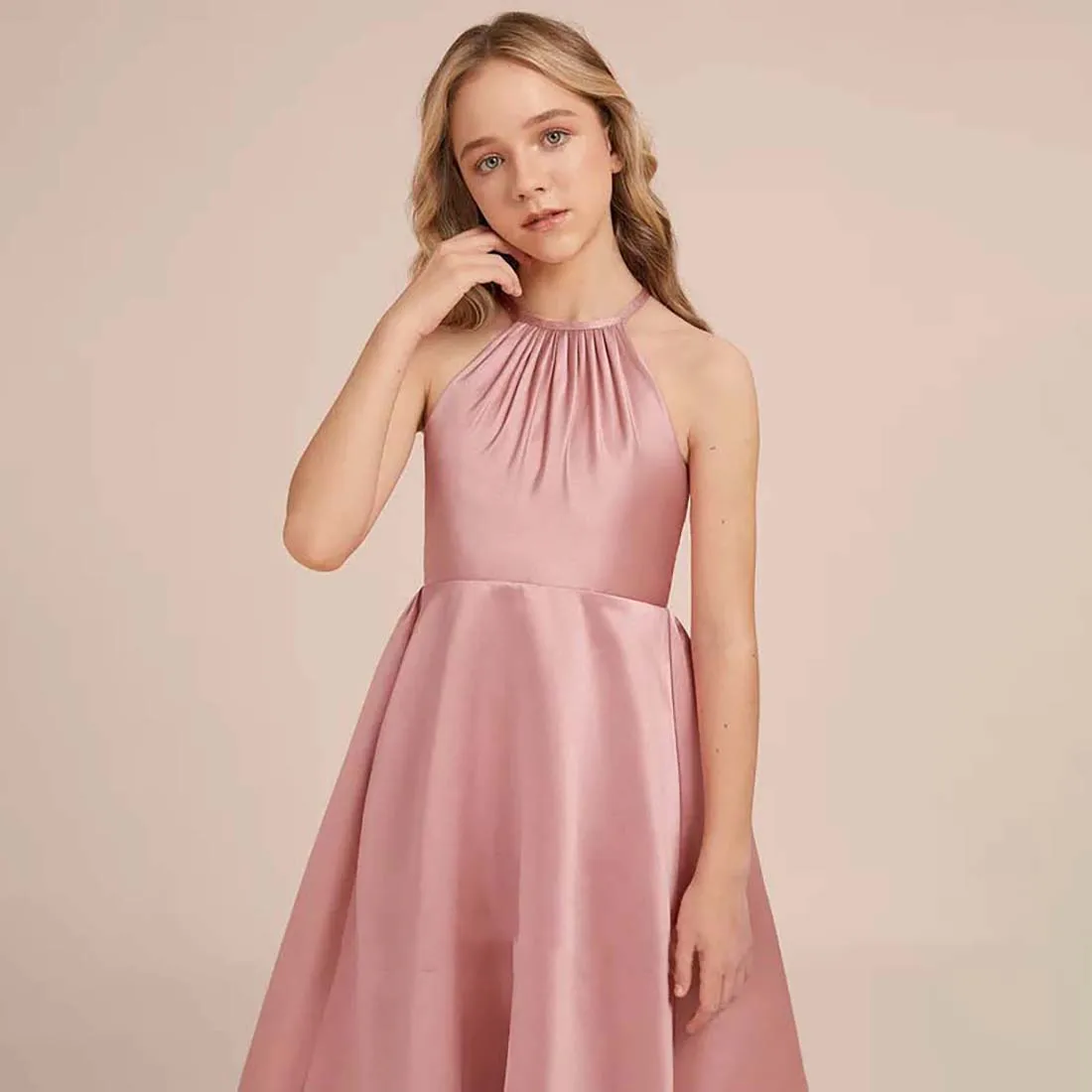 GIOIO A-line Halter Tea-Length Satin Junior Bridesmaid Dress