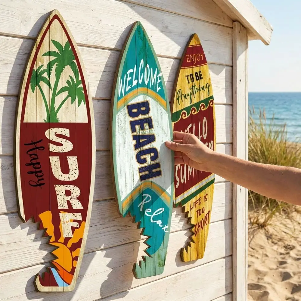 3Pcs Colorful Surfboard Wall Hanging Vintage Print Hawaiian Style Surfboard Wooden Sign Beach Themed Handcrafted