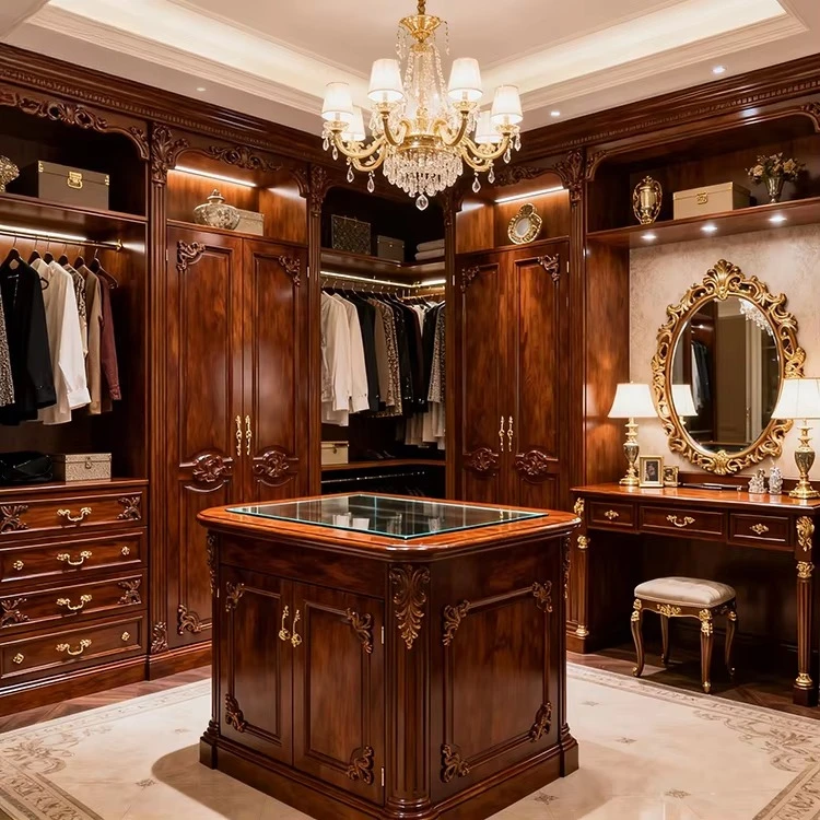 Custom European Style Luxury Solid Wood Grain Carved Gilded Door Wardrobe Island Walk in Closet Storage System