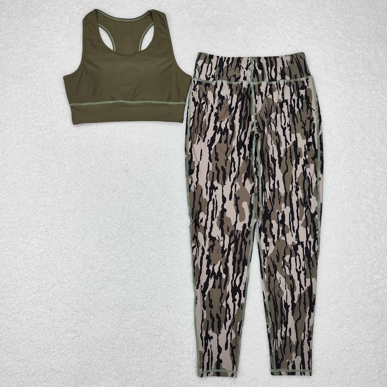 Wholesale Woman Girl Sleeveless Green Tops Camo Leggings Pants Outfit Two Pieces Sports Adult Women Summer Sets Clothing