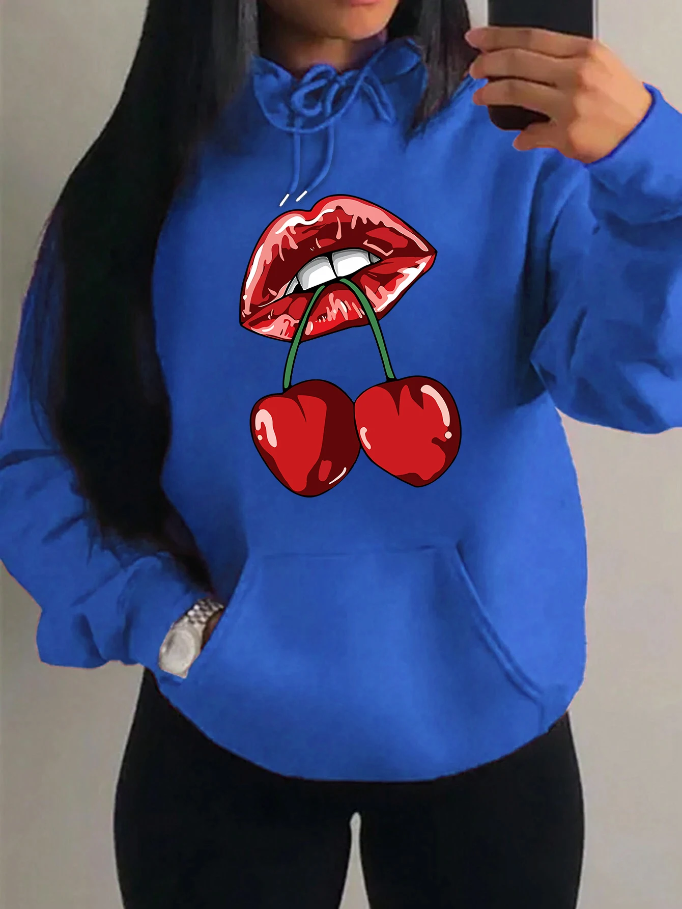 Cherries In The Mouth Design Prints Hoodies Women Hip Hop Fleece Streetwear Fashion Y2K Clothing Pocket Sport Style Pullover