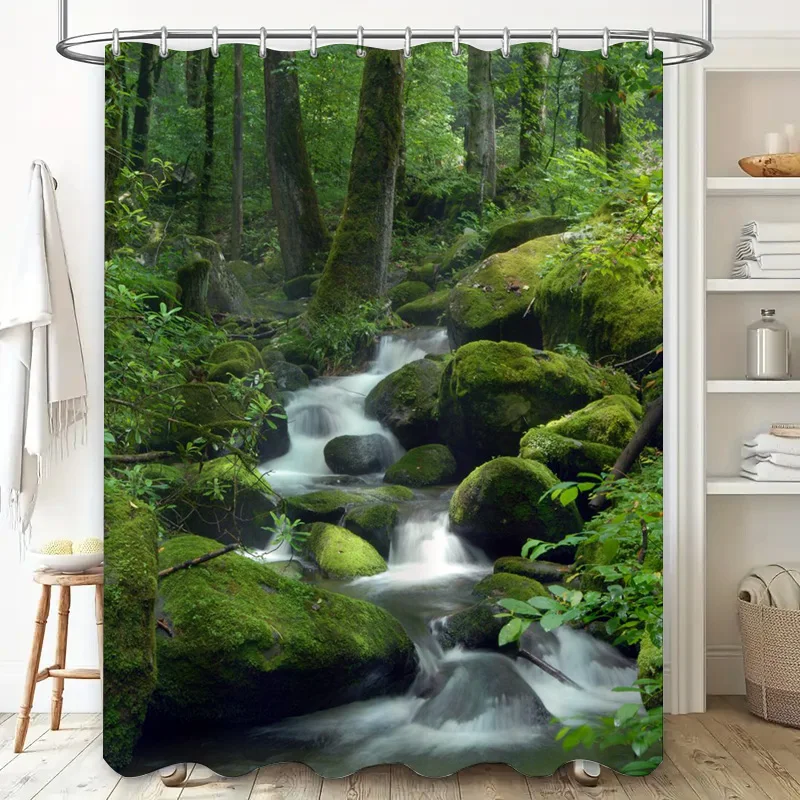 Artistic Greenery Shower Curtain Tiki Hut Tropical Birds Decorative Bath Rug Set in Multicolored Green Yellow Red Orange Palette