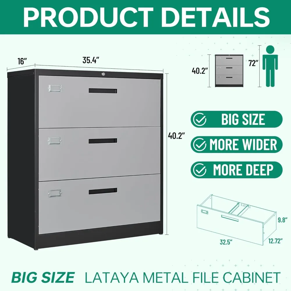 خزانة ملفات مع قفل جانبي 3 أدراج خزائن حفظ الملفات المعدنية-تخزين تنظيم للمنزل والمكتب-حرف معلق/قانوني/F4/A4 S