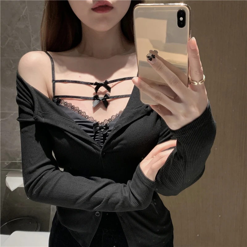 보링 허니 여름 옷 여성용 크롭 탑, 나비매듭 레이스, 섹시한 캐미스 탱크 탑, 퓨어 컬러 속옷 탑, Y2K
