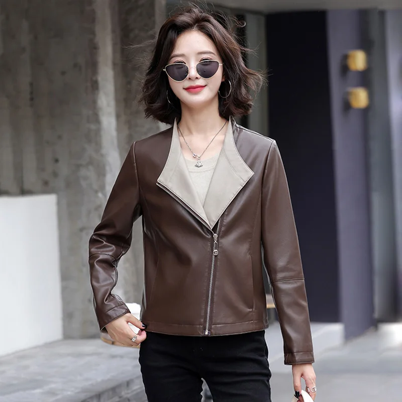 

New Women Spring Autumn Leather Jacket Fashion Contrast Color Patchwork Slim Motorcycle Jacket Casual Coat Split Leather