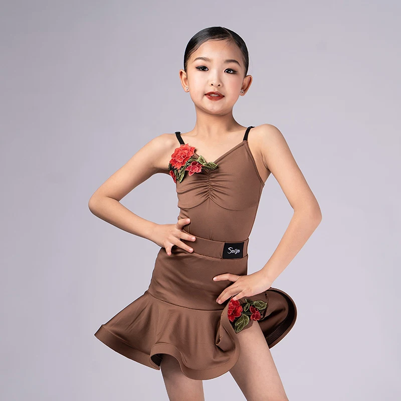 

Summer New Children's Latin Dance Brown Performance Costumes Girl's Tango Sling Tops Fishbone Skirt Set Line Dance Clothes XH474