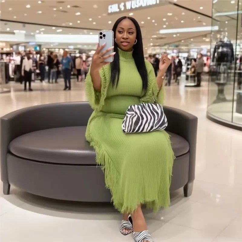 

Women Long Sleeve Knit Tassel Dress Straight Maxi Long Part Evening Dress 2025 Autumn Winter Turtleneck Sweater Vestidos Dresses