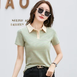 Korean Style Short Sleeve Polo Shirt Women Cotton Stretch Fashion Summer Tops Elegant Knitted Striped T-shirt For Women