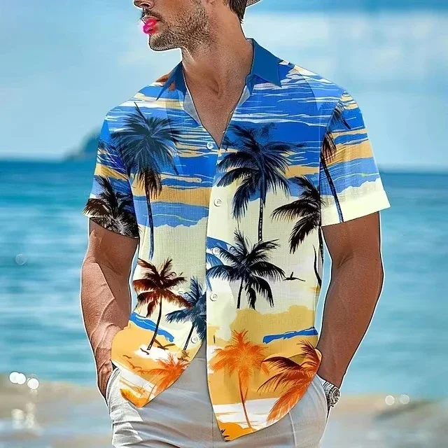 New Palm Tree Hawaiian Men Shirt Button Up Shirts Tropical Hawaiian Beach Shirt Gift for Vacation Tee Tops Short Sleeve Blouses