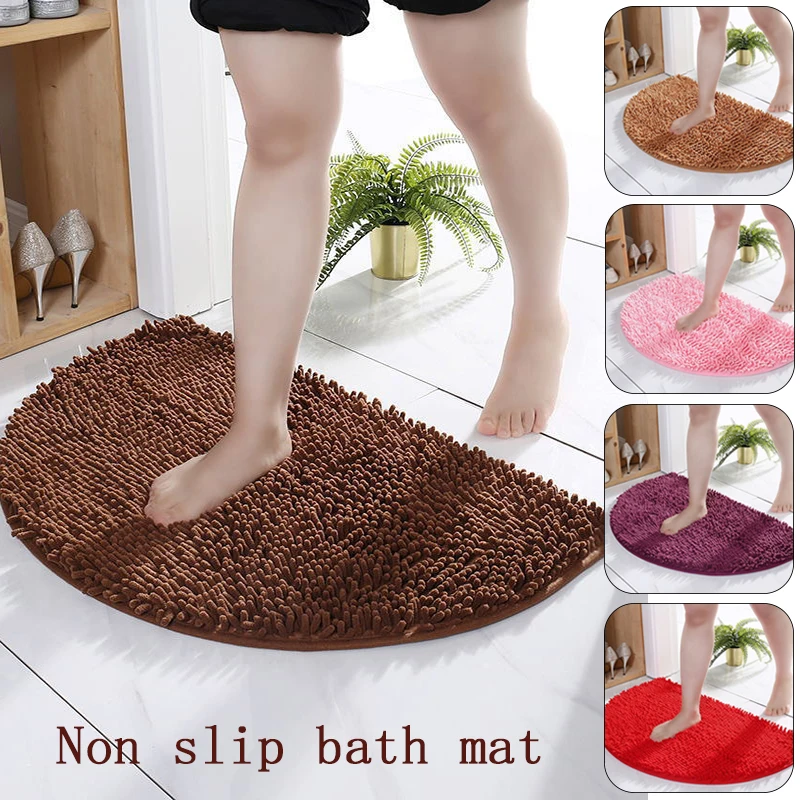 

Semi Circle Non-Slip Bath Mat Soft Cozy Chenille Super Absorbent Pure Color Bathroom Rug Plush Carpet Kitchen Bedroom Doormat