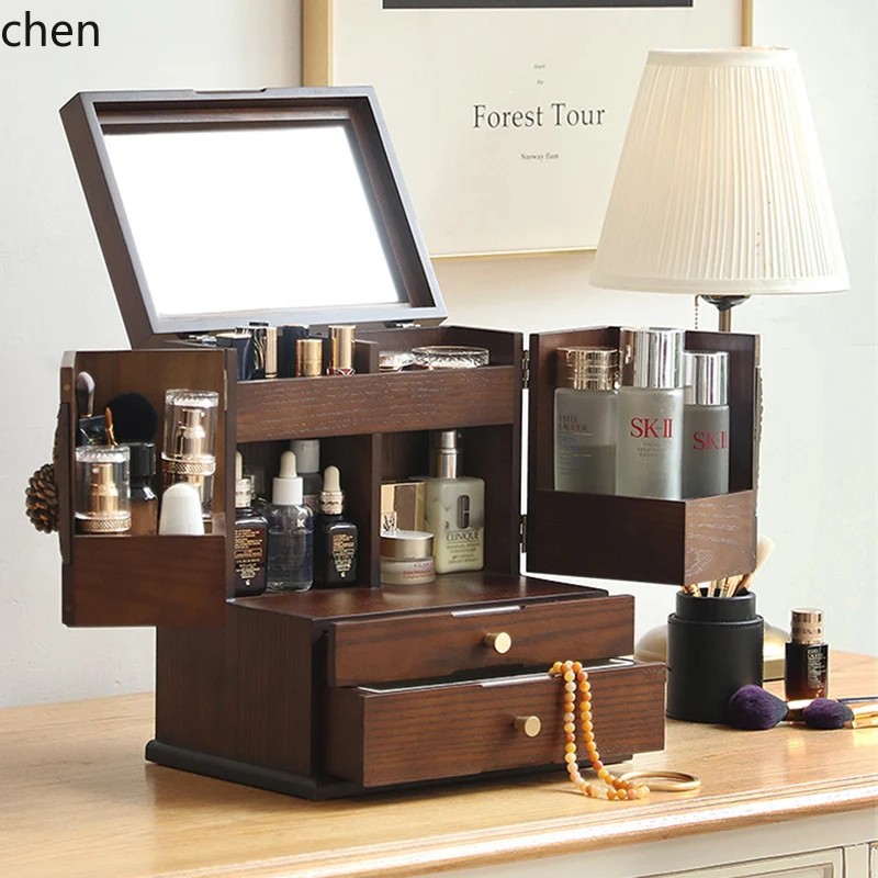 

HXL Wooden Cosmetics Storage Box Jewelry Integrated Dustproof Desktop Makeup with Mirror