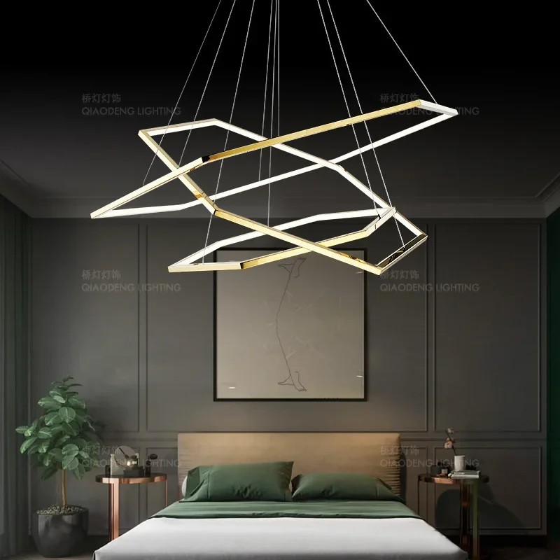 

New Post-Modern Luxury Gold Chandelier Minimalist Geometric Hexagonal Line Led Suspension Light For Living Room Ring Light