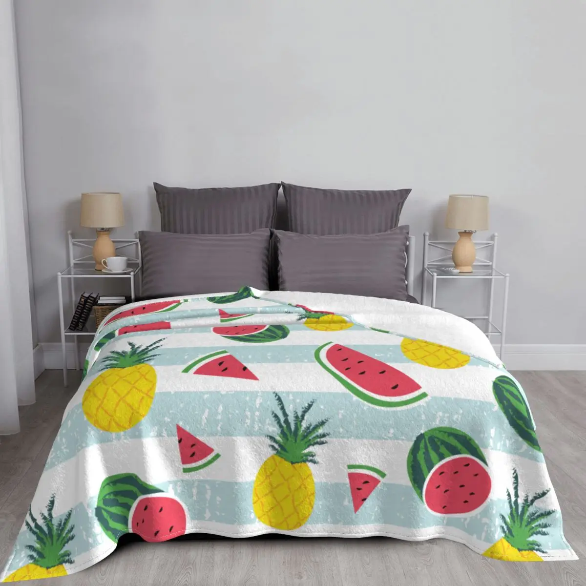 Watermelon Pineapple Stripes Blankets Flannel All Season Multifunction Ultra-Soft Throw Blanket for Home Travel Plush Thin Quilt