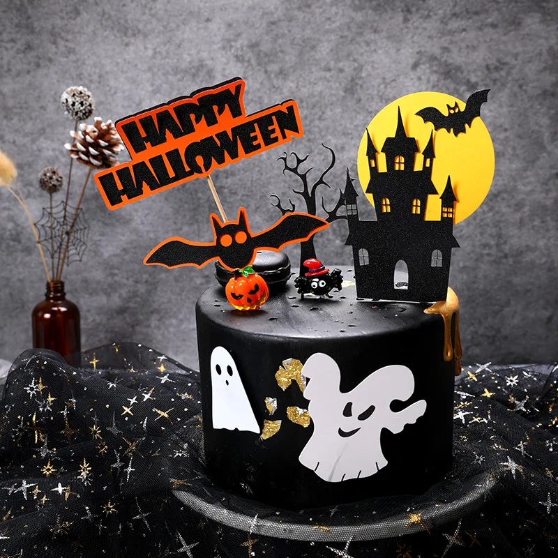 New Happy Halloween Castle Cake Topper Witch on a Broom Cake Toppers Ghost Bat Halloween Party Sign DIY