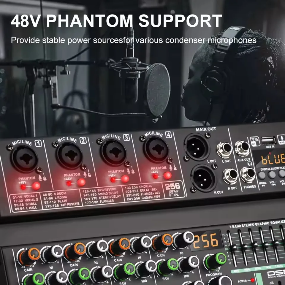 Mezclador de Audio con efecto AU4 canales 256 DSP, grabación de PC, alimentación fantasma de 48V, mezcladores de sonido USB, consola de DJ Bluetooth, mezcla para Karaok