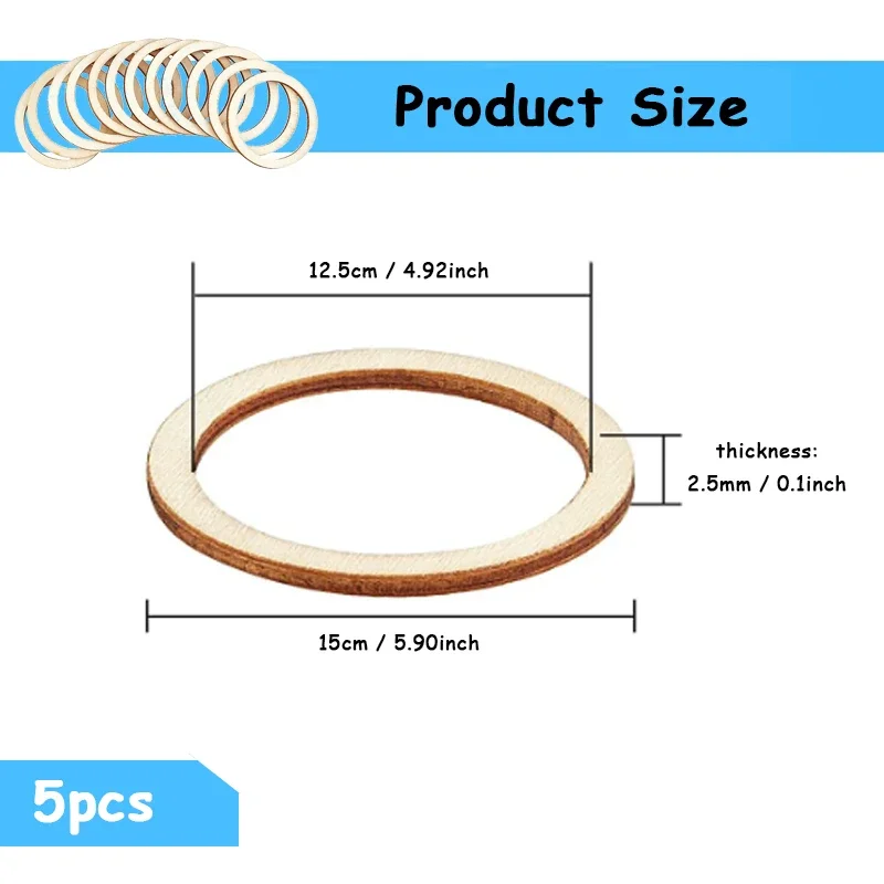 5pcs 15cm Wooden Rings for Crafts, Natural Unfinished Flat Wood Ring Circle for DIY Craft, Jewelry Making and Macrame Decor