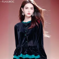 Chinese Style Chi-pao Collar Design Black Velvet Tops New Year 2024 Spring Women Date Girls Button Slit Shirt Blouse Vintage