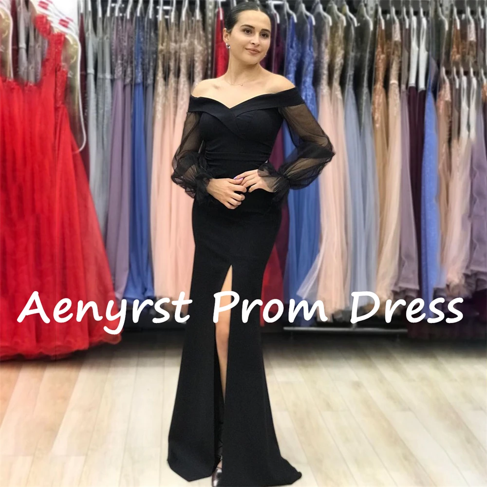 Aenyrst Zwarte Off Shoulder Lange Mouw Prom Jurken V-Hals Satijnen Zeemeermin Split Avondjurken Vloerlengte Formele Gelegenheid Jurk