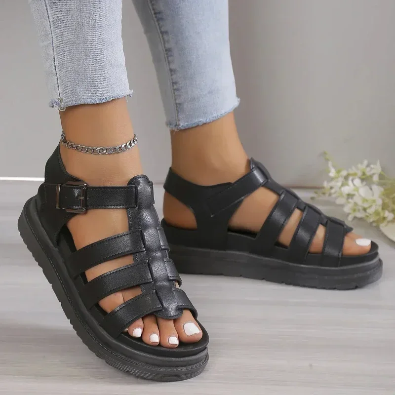 2024Fashion Summer New Beach Flat Bottom Cake Thick Sole Single Shoe Snap Open Toe Black Large Women\'s Sandals 35-43