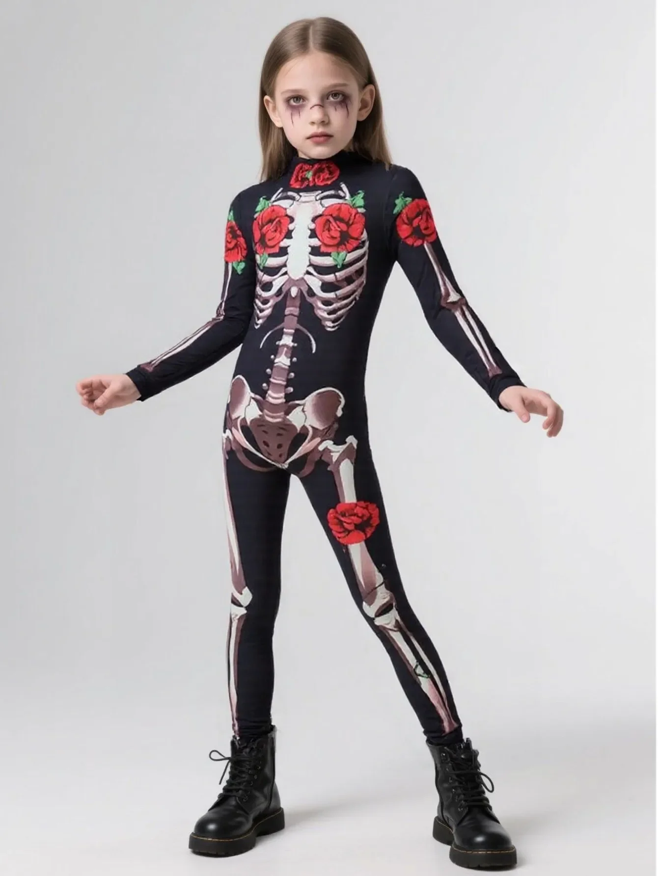 2026 Mädchen Jungen Gothic Geisterbraut Cosplay-Set Skelett-Rosen-Print Bodysuit für Kinder Halloween Karneval Kostüm-Party – Detail 5