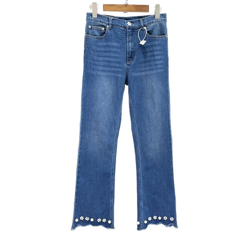 

Women Low Waist Cotton Flower Beaded Solid Denim Pants Spring/Summer Zipper Pocket Straight Leg Elegant Casual Jeans ﻿
