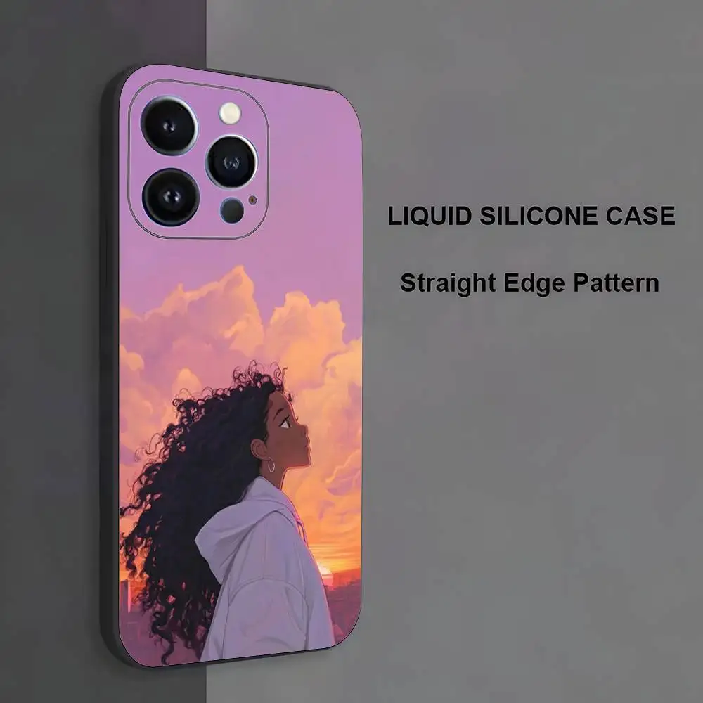 Чехол для телефона с милым мультяшным рисунком афро-черной девушки для iPhone 17,16,15,14,13,12,11, Pro Max, XS, XR, SE, Mini, 8,7, мягкий силиконовый черный чехол