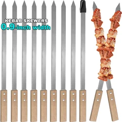 Kabab Koobideh Skewers 2.3cm Wide Flat Stainless Steel Grilling BBQ Skewer Reusable Barbecue Skewers Flat Stick with Wood Handle