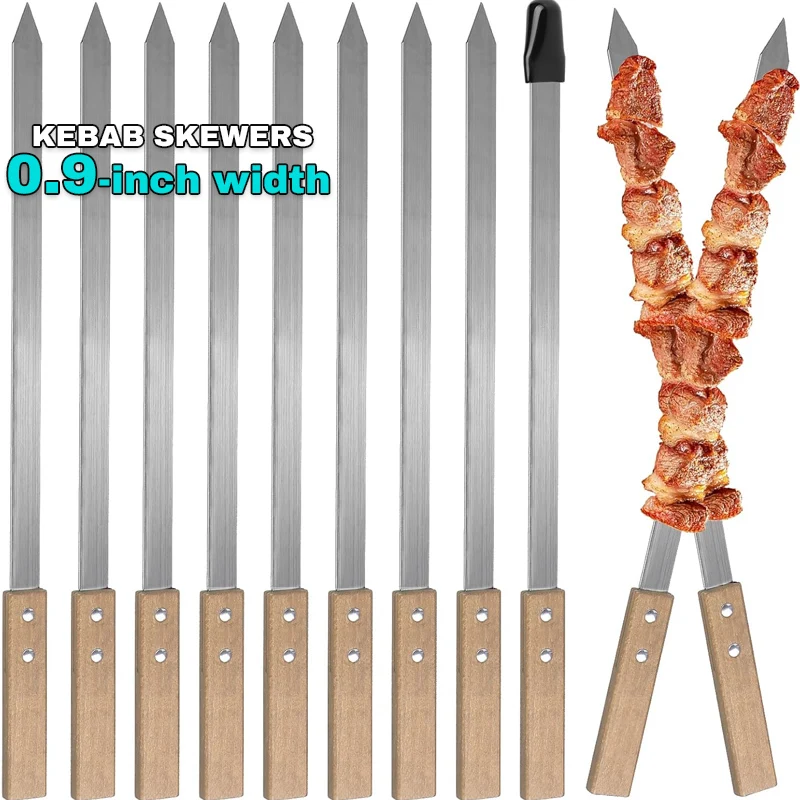 Szaszłyki Kabab Koobideh o szerokości 2,3 cm Płaski szaszłyk do grillowania ze stali nierdzewnej Szaszłyki do grillowania wielokrotnego użytku Płaski kij z drewnianą rączką