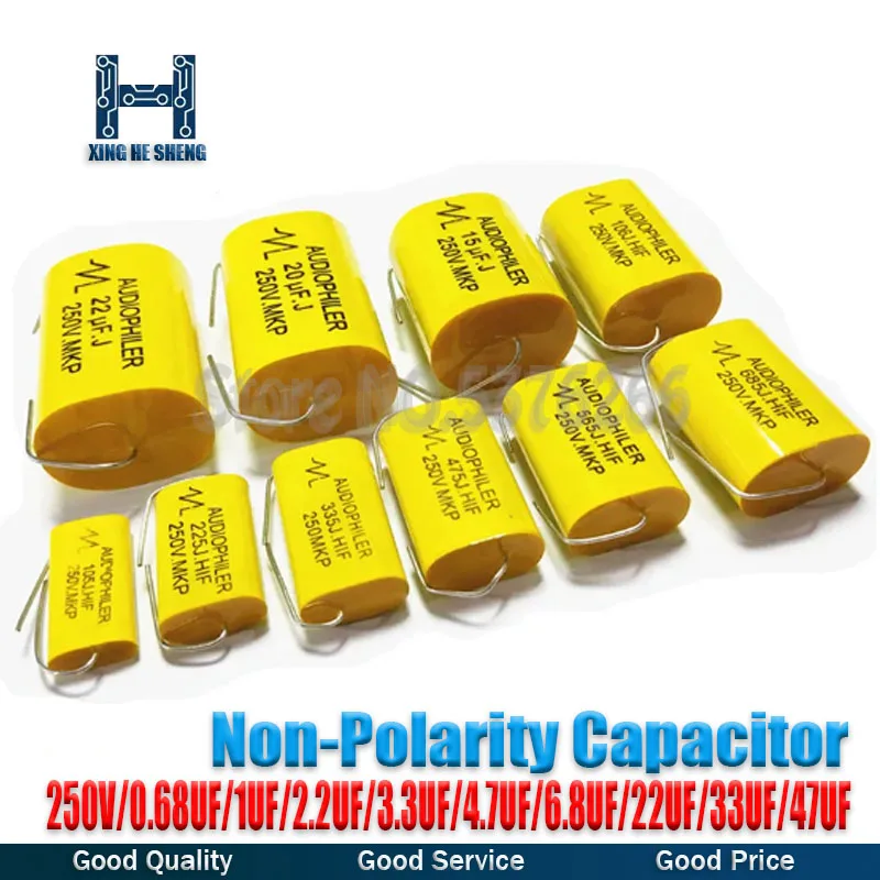 2PCS 0.68uF/2.2UF/3.3UF/4.7uF/6.8UF/8.2UF/22UF/33UF/47UF 250V Tweeter Speaker Frequency Divider Crossover Non-Polarity Capacitor