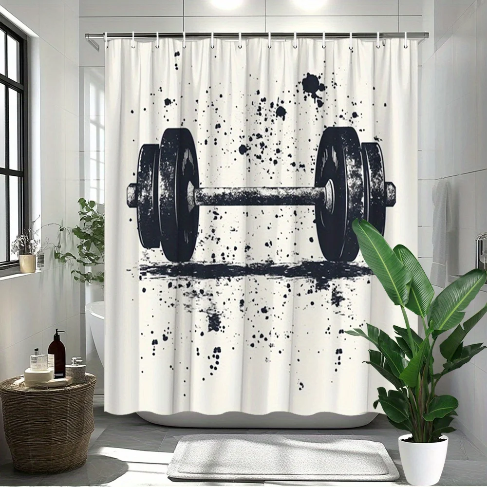 

Gym Barbell Shower Curtain Black White Design Fitness Theme Waterproof Fabric Modern Bathroom Decor for Men