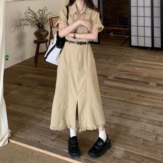 New Design Japan Style Women Chic Korea Basic Wear Casual Robe Solid Pockets Vintage Long Button Shirt Dress Belt Vestidos