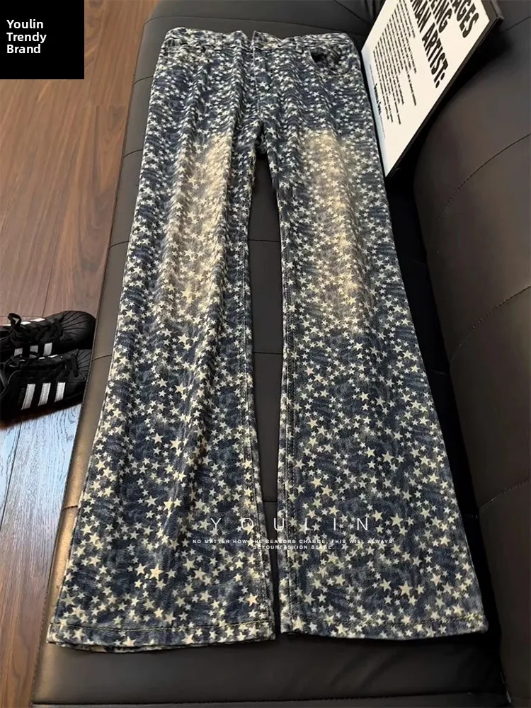 

Blue Star Print Men's Jeans Winter High Street Straight Leg Micro Flared Long Pants Cool Haome American Sle Casual Jeans